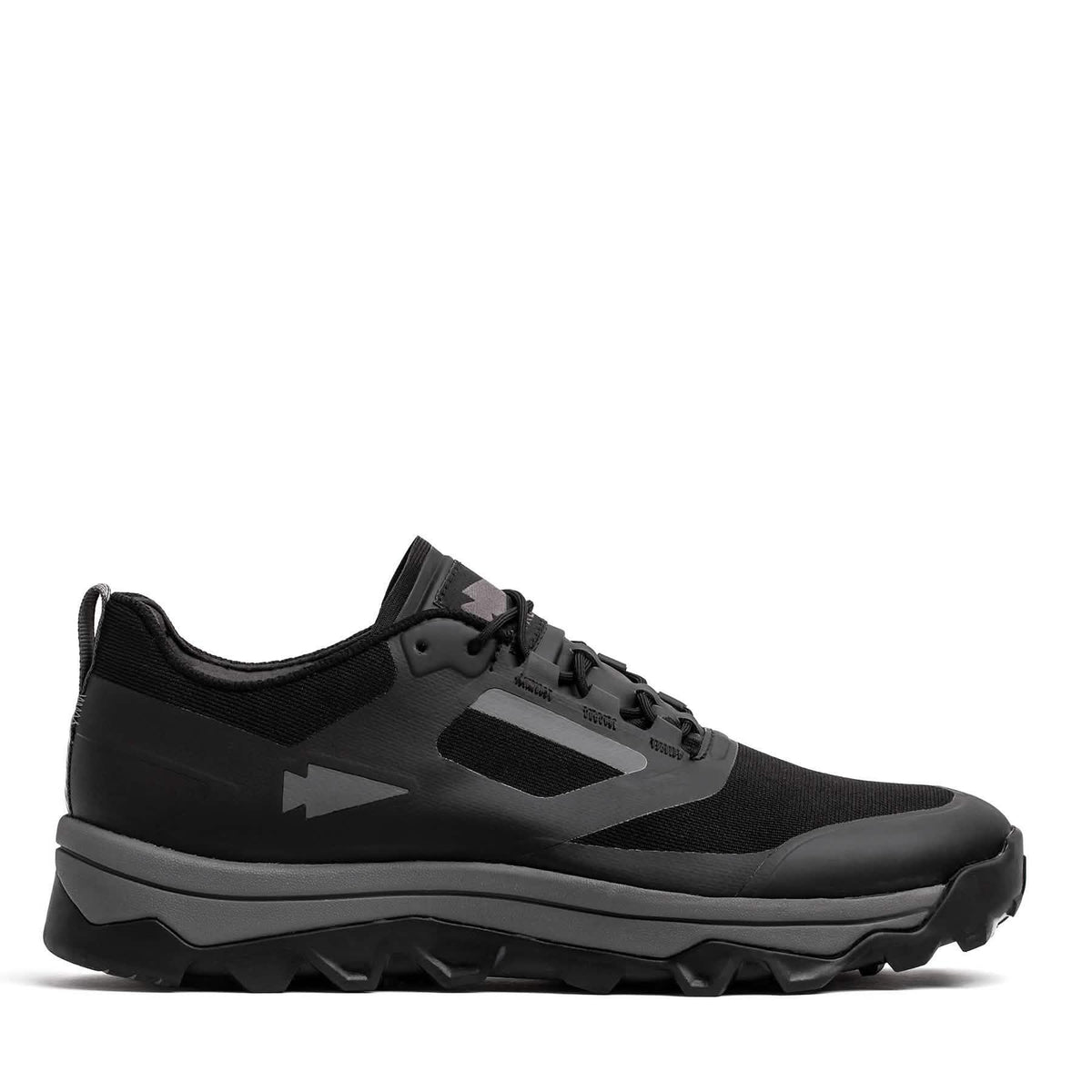 GORUCK black rucking shoe with rugged sole, side view, on white background