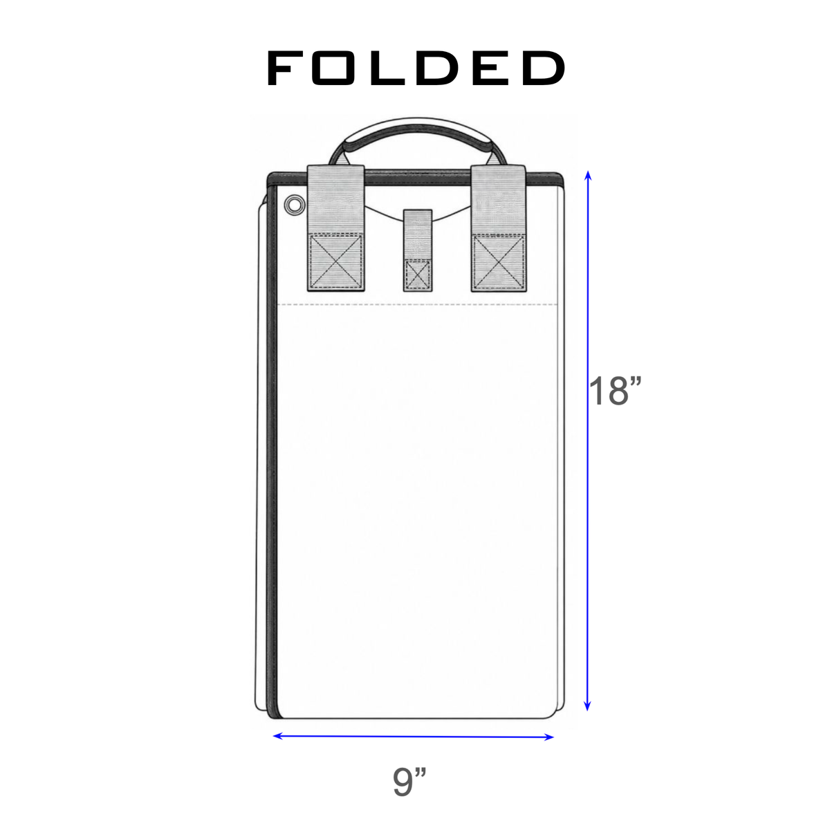 Diagram of the Shooting Mat bag, folded with handles, measuring 18" tall by 9" wide, and featuring a tripod bracing strap inspired by the GORUCK Shooting Mat design.
