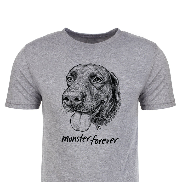Monster Forever Tee // PREORDER: Gray t-shirt featuring a detailed dog face illustration with the text “monster forever” beneath the image.