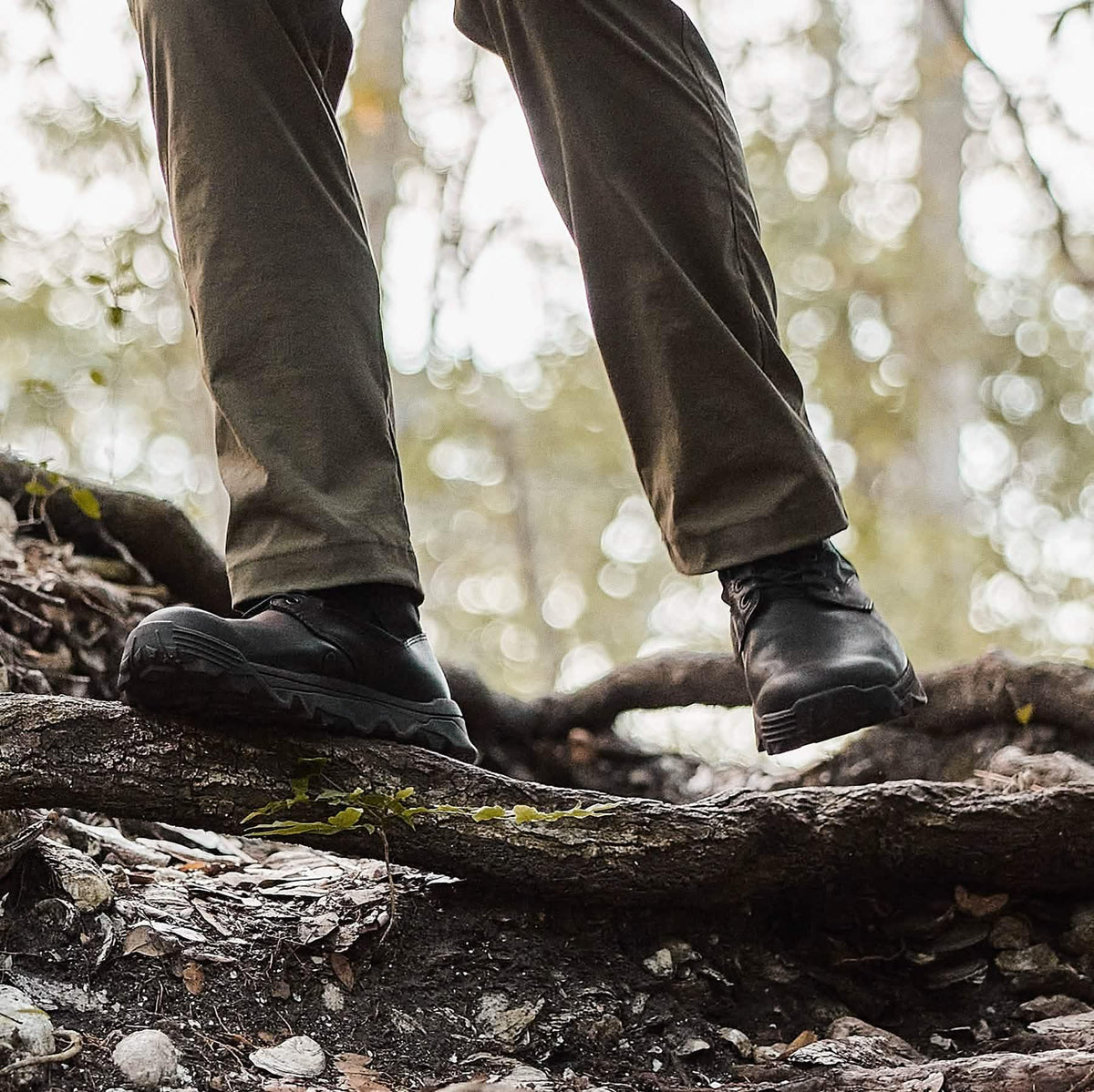 GORUCK rucking boots on trail, outdoor hiking in forest, durable footwear and gear