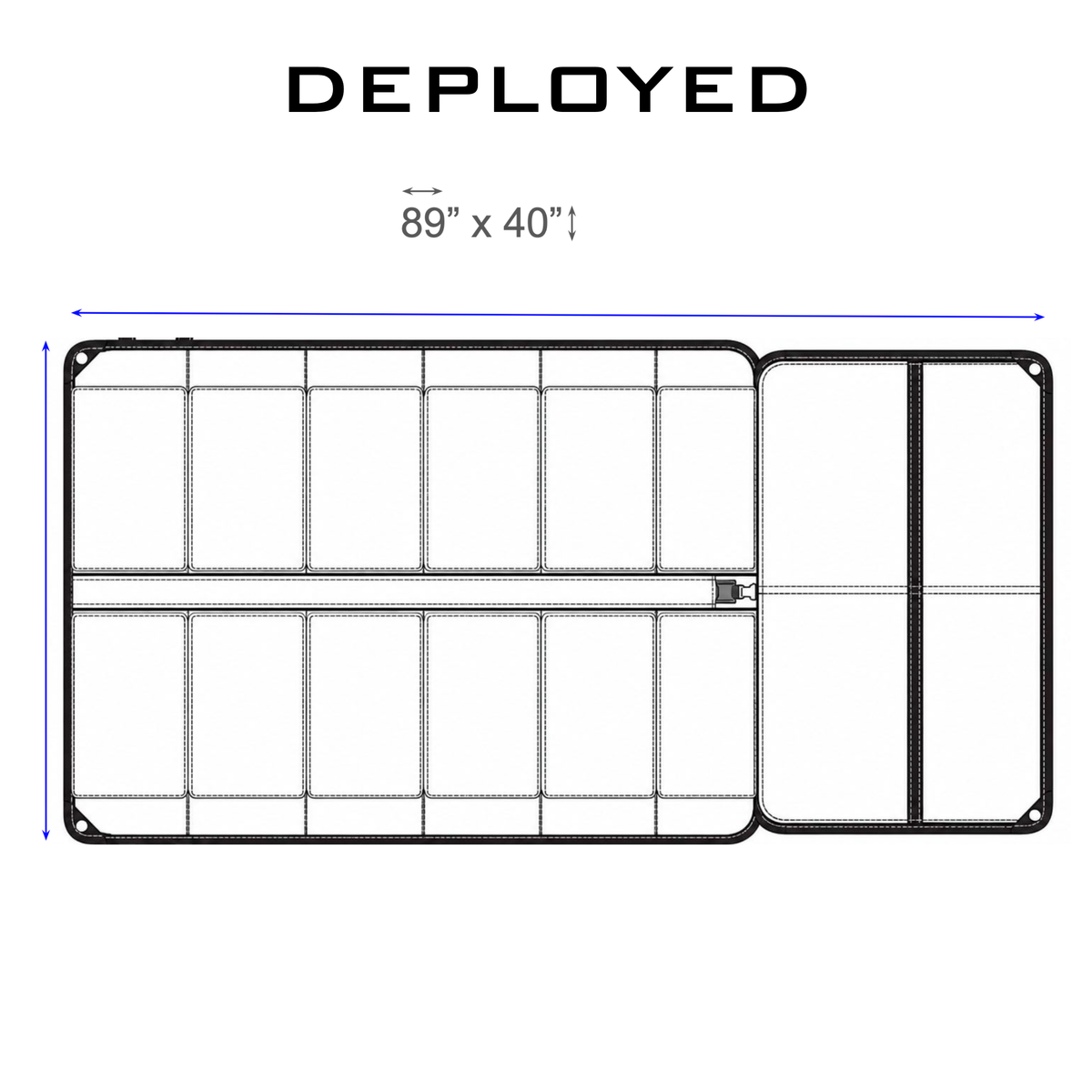 Diagram of a deployed Shooting Mat (89" x 40") with zipper, grid pattern, and tripod bracing strap.
