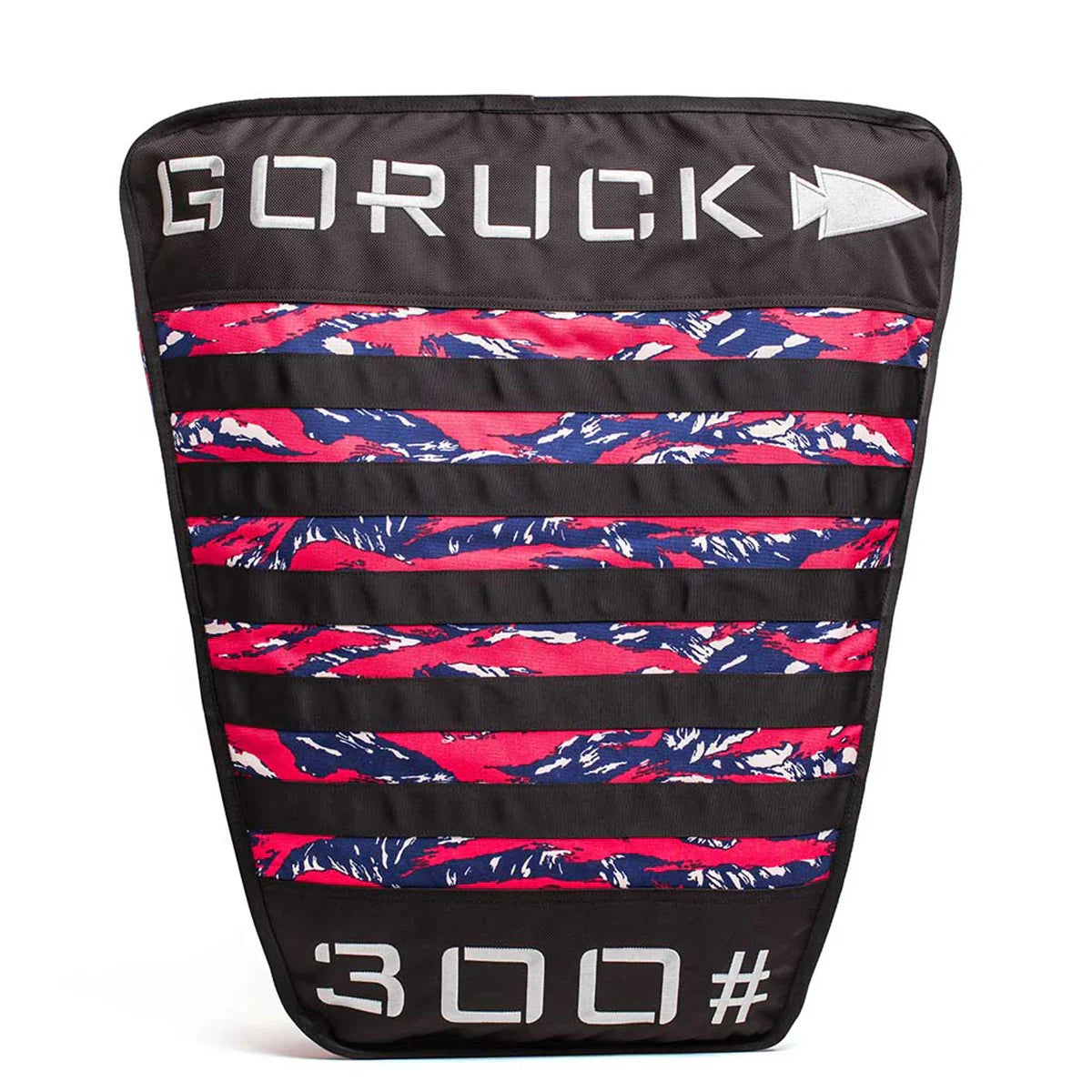 GORUCK ruck plate carrier with bold red and blue camo pattern and 300# marking