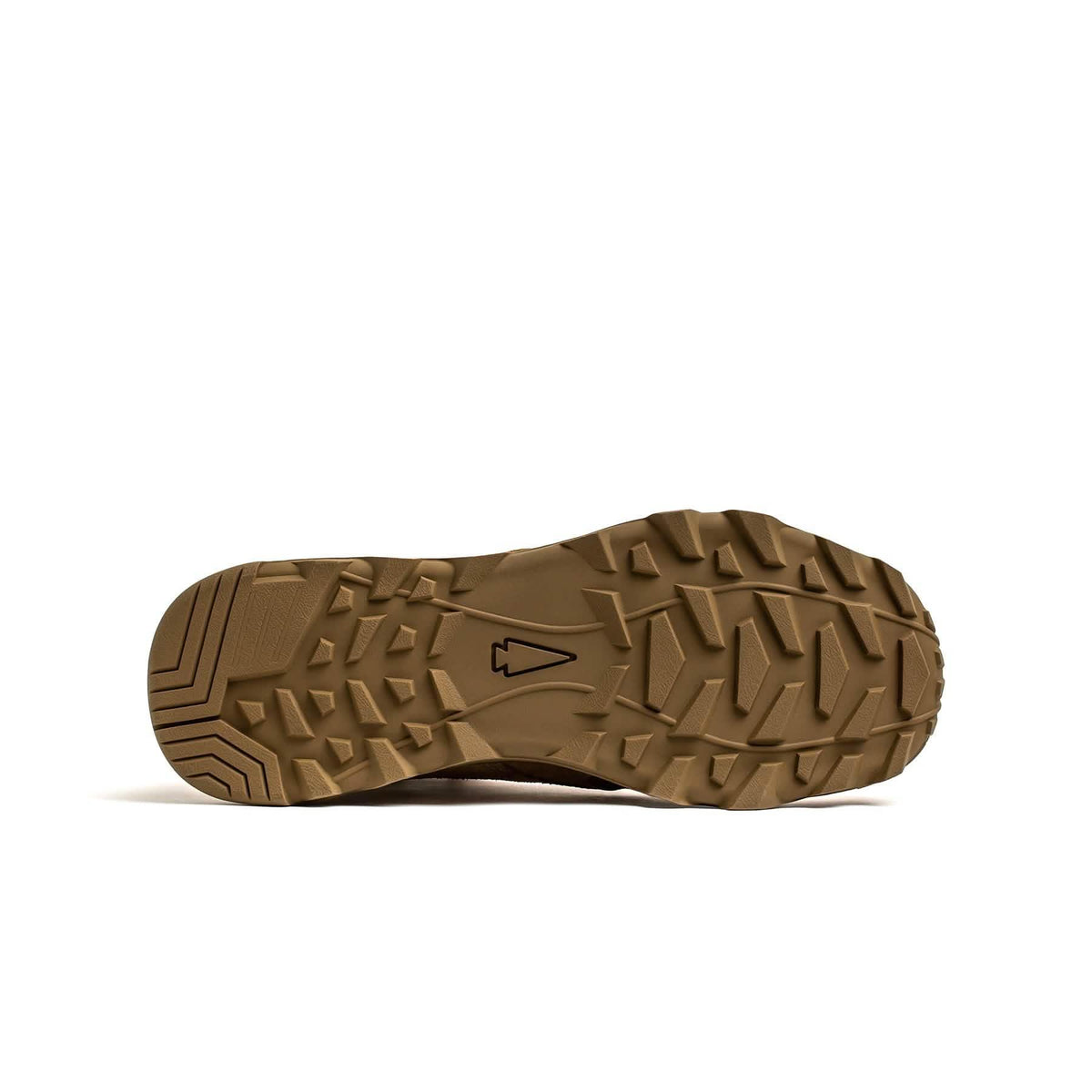 GORUCK rucking shoe outsole with rugged tan tread and arrowhead logo on white background