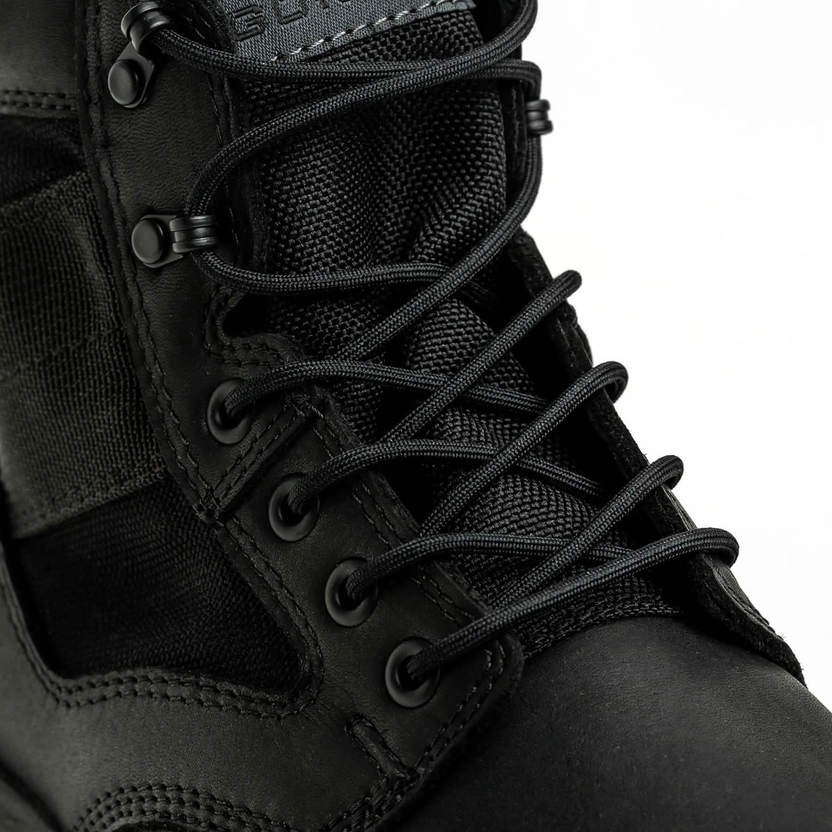 GORUCK black tactical boot close-up with durable laces and rugged stitching detail