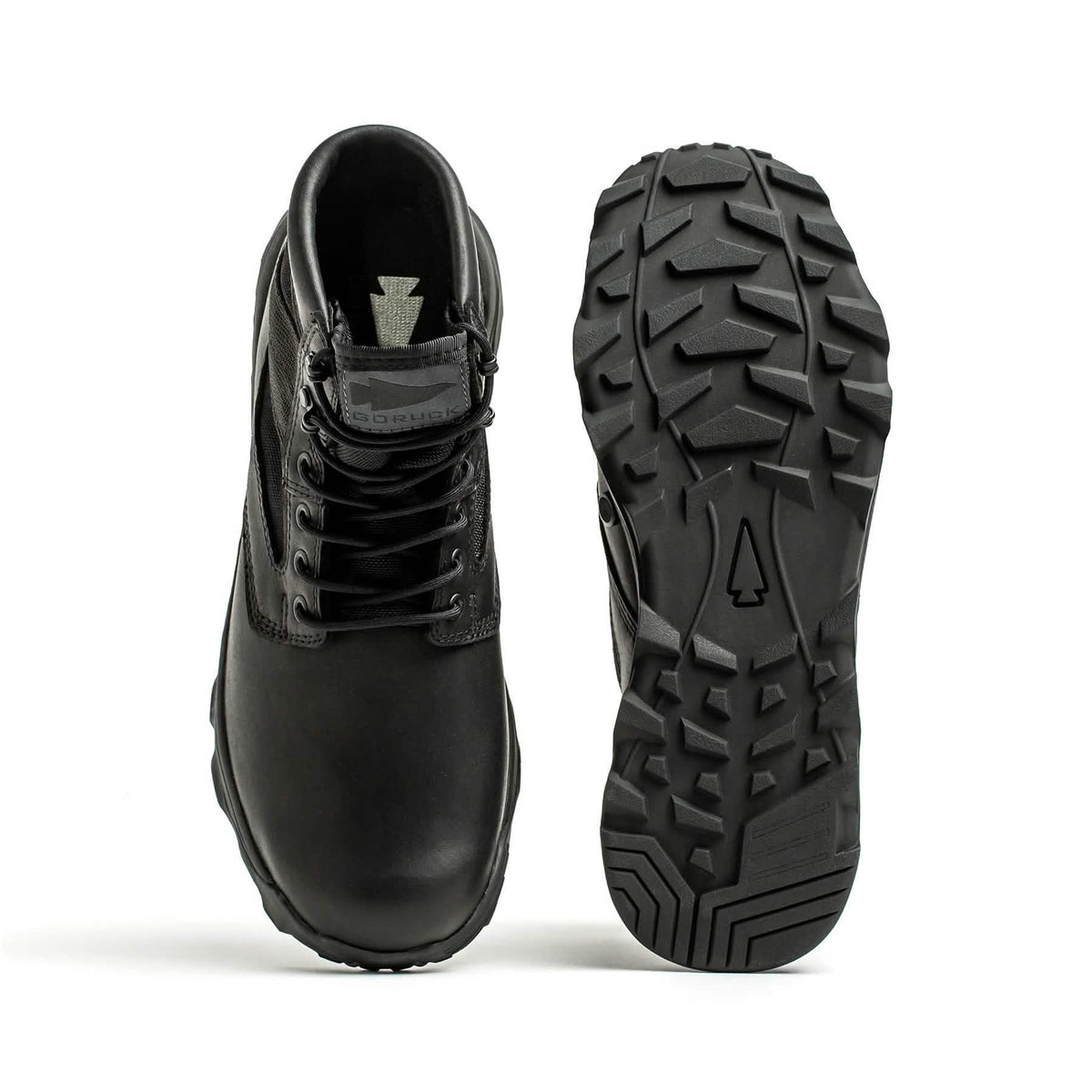 GORUCK black rucking boots with rugged tread, durable leather and nylon design, front and sole view