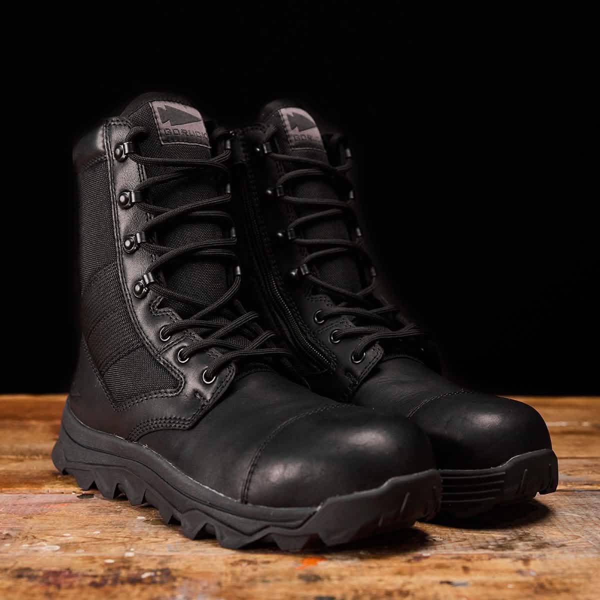 GORUCK black tactical rucking boots with side zipper on wood surface, rugged outdoor gear