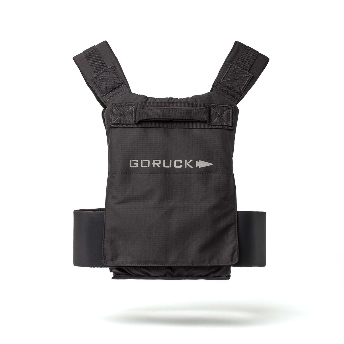 Black Achilles Vest with wide shoulder straps and a front logo, designed for rugged performance, isolated on a white background.
