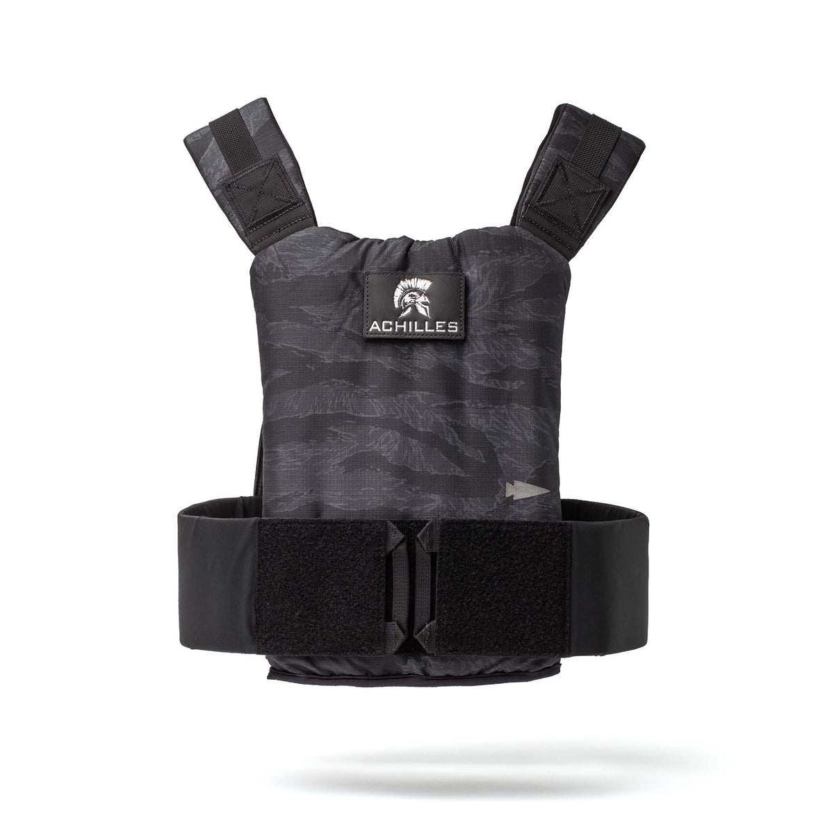 The Achilles Vest is a black tactical plate carrier with adjustable shoulder straps, Velcro waist closures, and the “ACHILLES” logo—designed for rugged durability and performance in any situation.