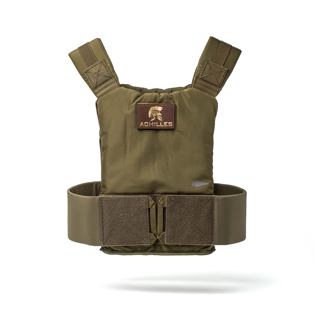 The Achilles Vest is a premium men's olive green vest featuring shoulder straps and an "ACHILLES" chest patch, designed for rugged performance, shown on a white background.