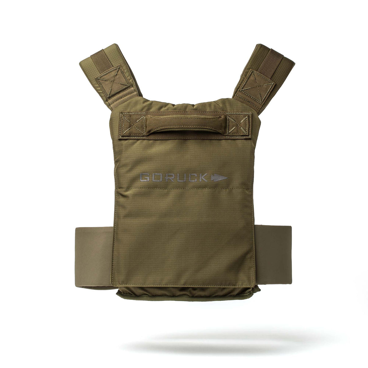 Achilles Vest in olive green with "GORUCK" logo, featuring thick shoulder straps and waistband for rugged performance, displayed on a white background.
