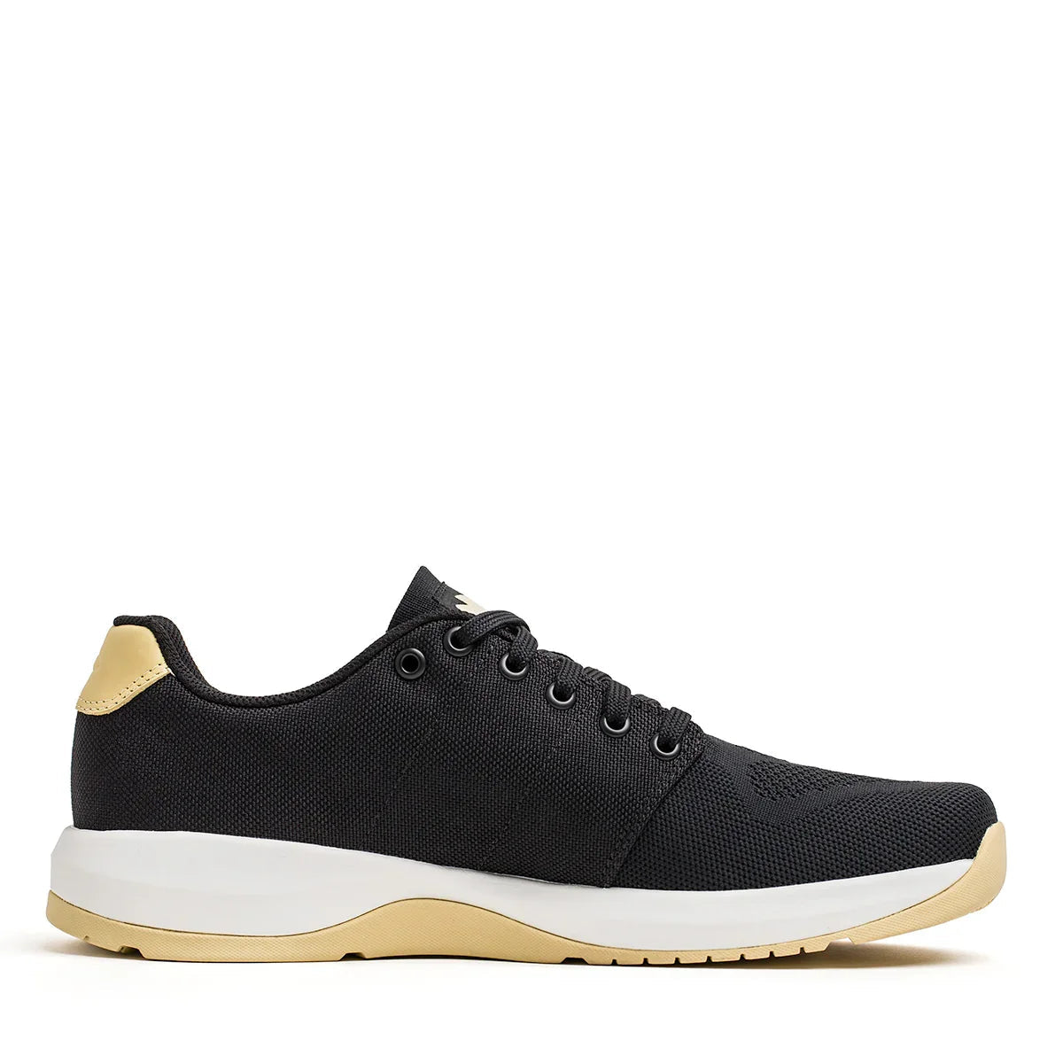 GORUCK Ballistic Trainer black shoe with white and gold sole, side profile, rucking gear
