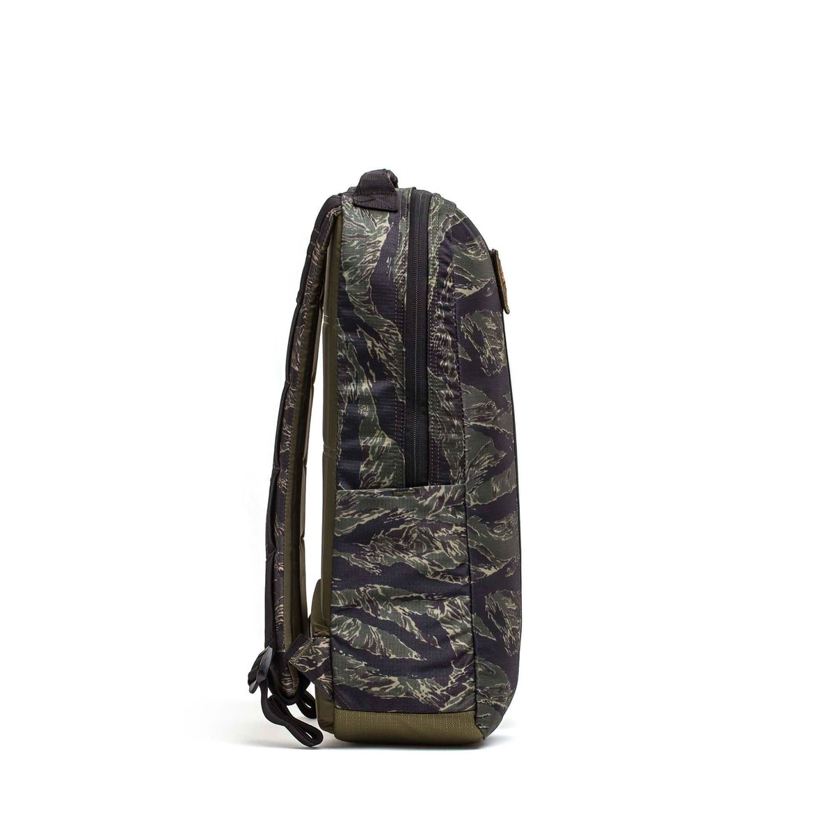 GORUCK rucksack in tiger stripe camouflage, side view, rugged backpack for rucking gear