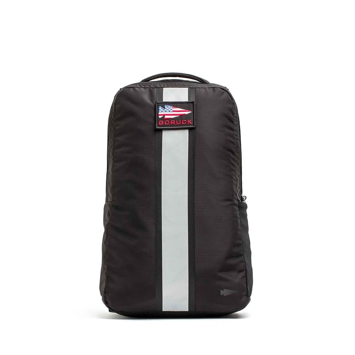 GORUCK black rucksack with reflective stripe and logo, durable rucking backpack
