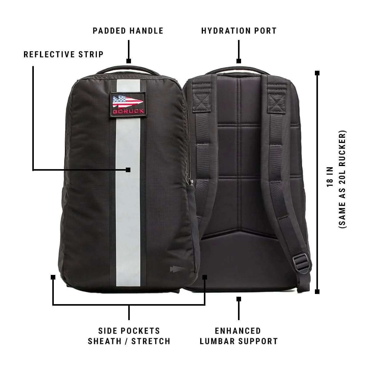 GORUCK black rucksack with reflective strip, padded handle, hydration port, and lumbar support.