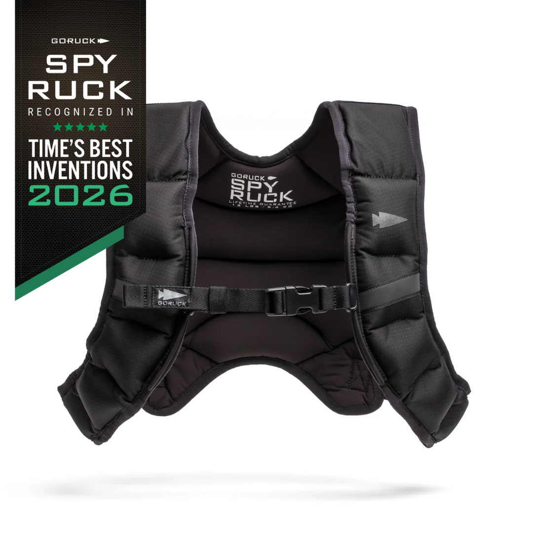 A black GORUCK weighted vest for women with a buckled chest strap, displayed alongside a promotional banner stating it is a TIME’s Best Invention of 2026.