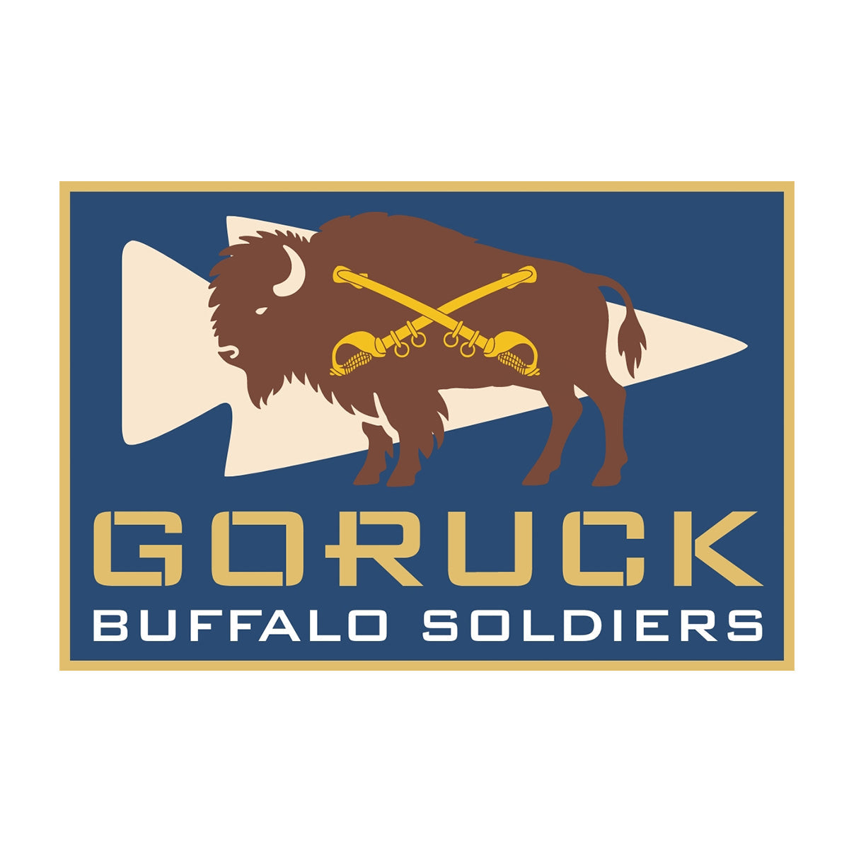 The Patch - Buffalo Soldiers Ruck features a buffalo, two crossed swords, and "GORUCK BUFFALO SOLDIERS" on a blue background, honoring the legacy of Black American soldiers known as Buffalo Soldiers.
