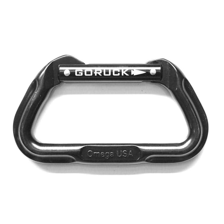 Black GORUCK Omega USA carabiner for rucking gear on white background