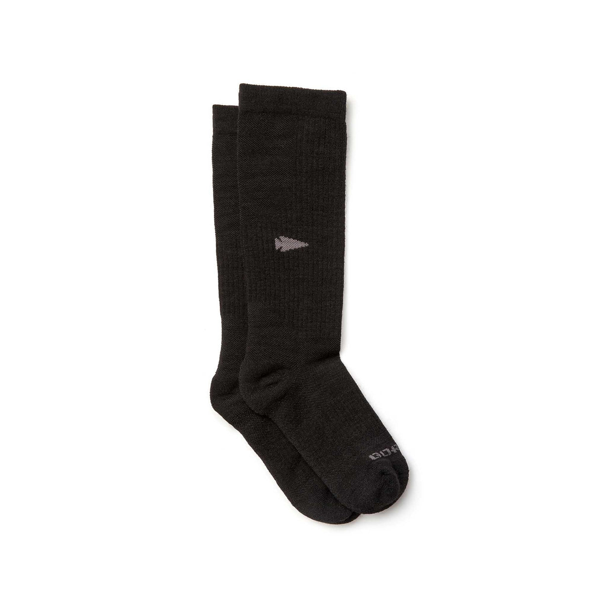 Merino Compression Socks: Long black merino wool socks with a subtle gray logo near the top—ideal as boot socks for extra comfort.