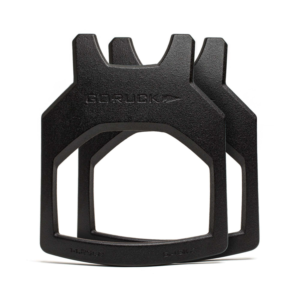 Two black, rectangular Curved Ruck Plates with handles overlap, each embossed "GORUCK." Perfect for adding weight to a rucking vest for challenging workouts.