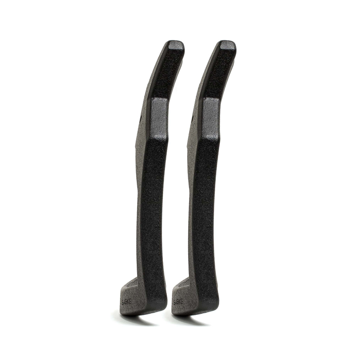 Two black plastic tire levers stand upright side by side on a white background—an essential tool for cyclists, just as Curved Ruck Plates are indispensable for anyone training with a rucking weight vest.