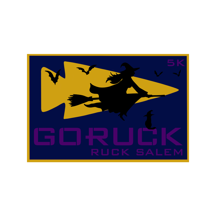 The Halloween Event Weekend logo features a witch on a broom, bats, "GORUCK RUCK SALEM," and "5K" on a dark blue background—ideal for celebrating Halloween and joining GORUCK Salem rucking events.