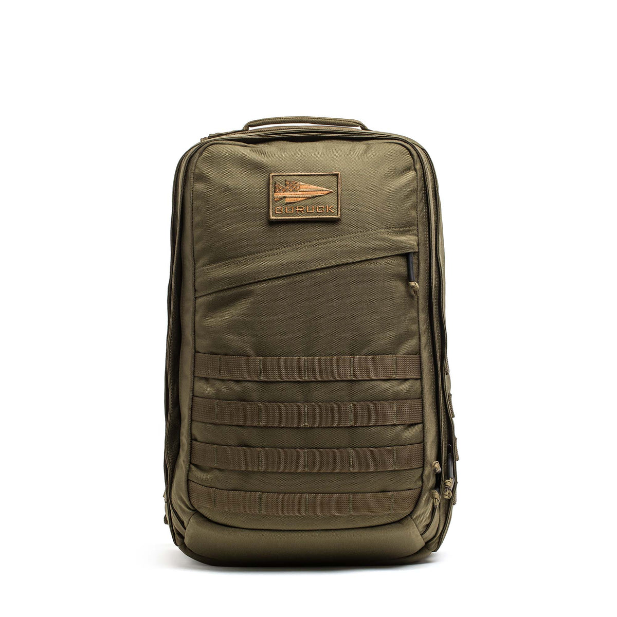 The olive green GR2 - Cordura tactical backpack features MOLLE webbing and a brown GORUCK patch—ideal as a carry-on travel bag or for Special Forces use.