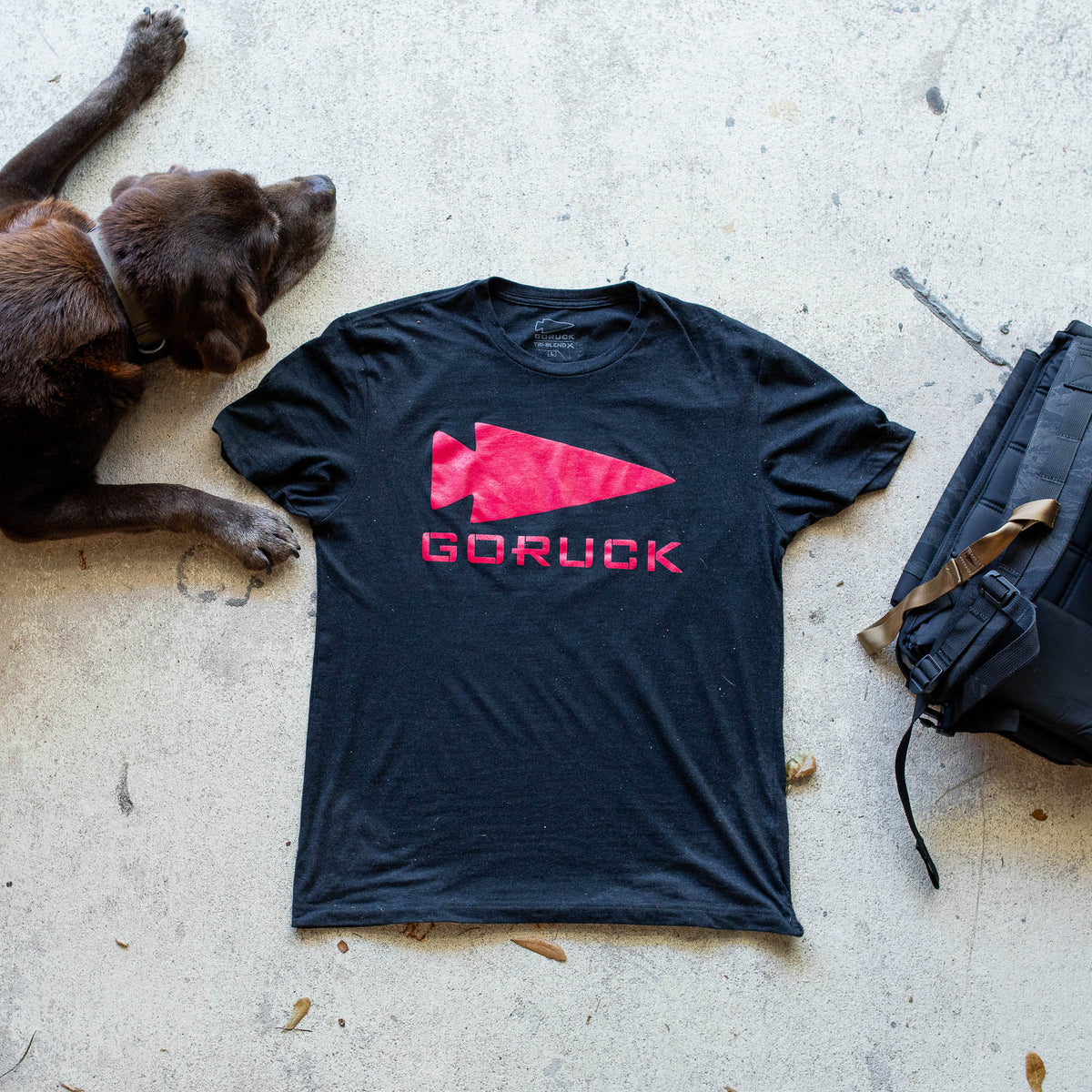 The GORUCK Spearhead Tee - Tri-Blend in black is displayed on pavement with a dog resting nearby and a black backpack positioned to the right.