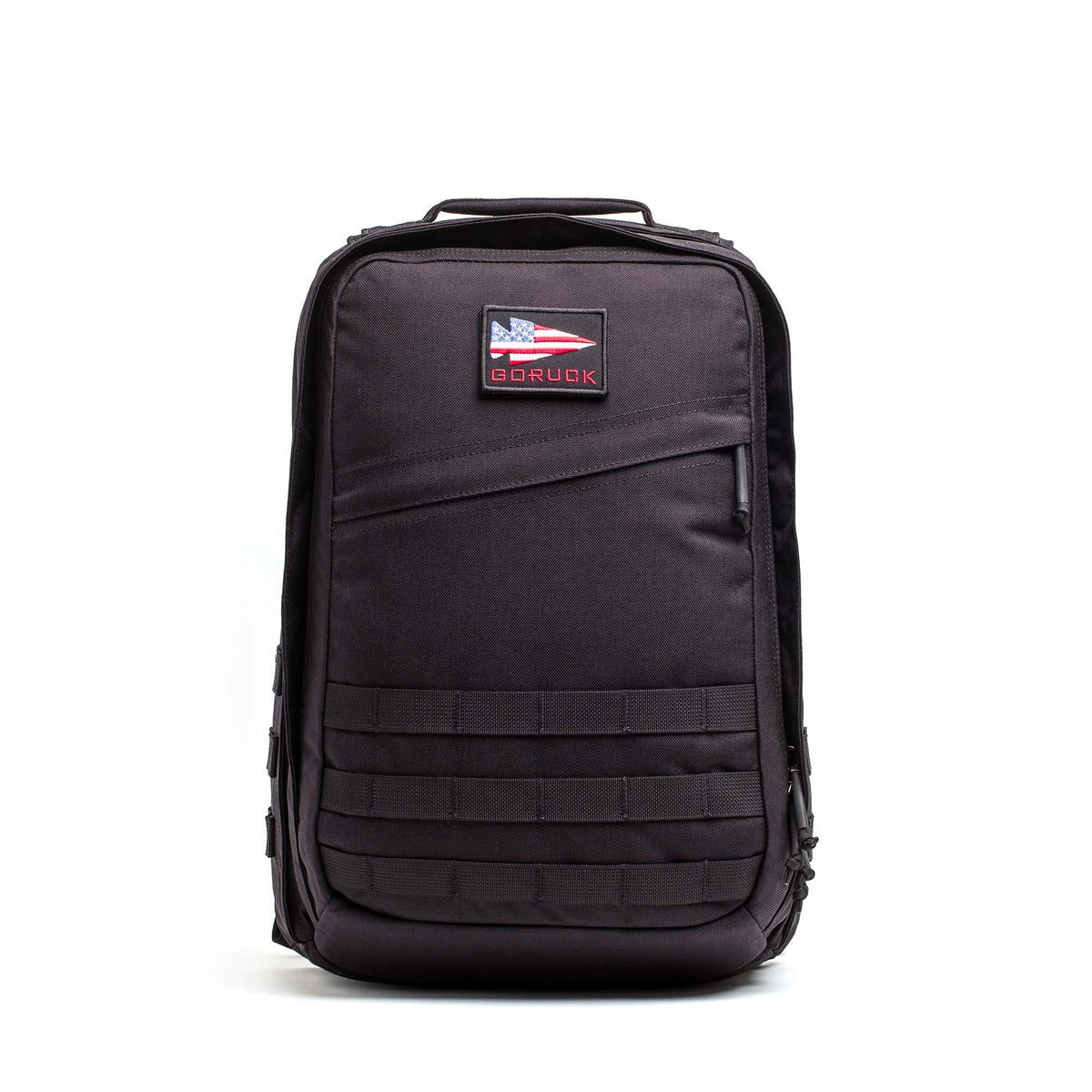 GORUCK GR2 26L black tactical rucksack with American flag patch, rugged design