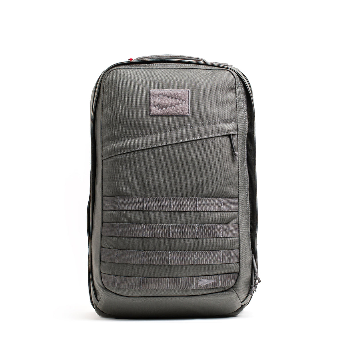 A gray GR2 - Cordura rucksack with a front zip pocket and horizontal webbing straps stands upright on a white background—perfect as a Special Forces backpack or carry-on travel bag.
