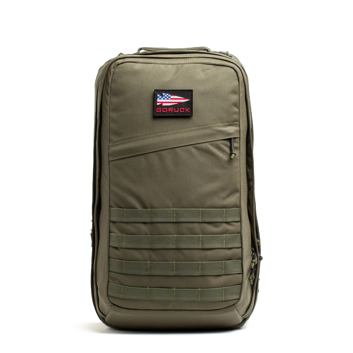The GR2 olive green Special Forces backpack features a USA flag patch and multiple zippered compartments, designed for travel carry-on use; displayed on a white background.