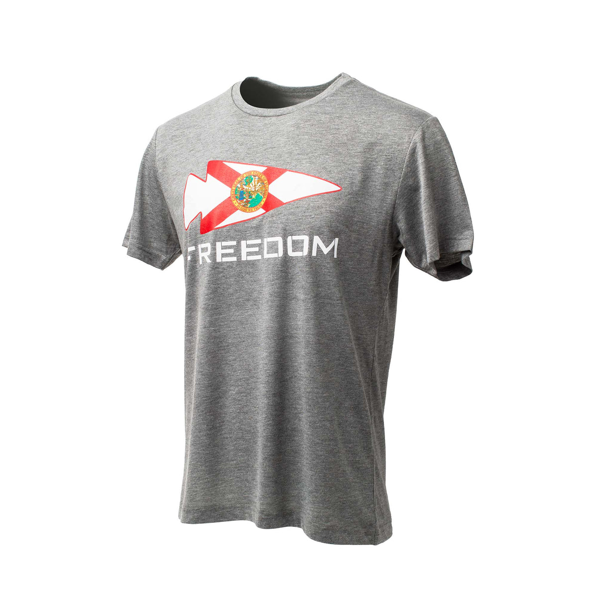 The Florida Freedom Tee - Tri-BlendX features a gray design with the state flag graphic and "FREEDOM" printed below.