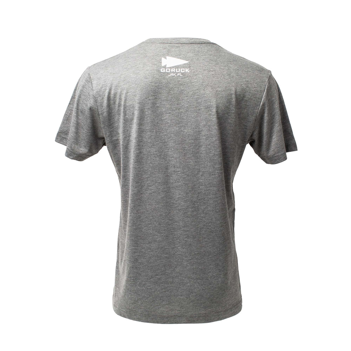 Back view of the Florida Freedom Tee - Tri-BlendX, a plain grey antimicrobial t-shirt with a small white logo near the neck, shown on a white background.