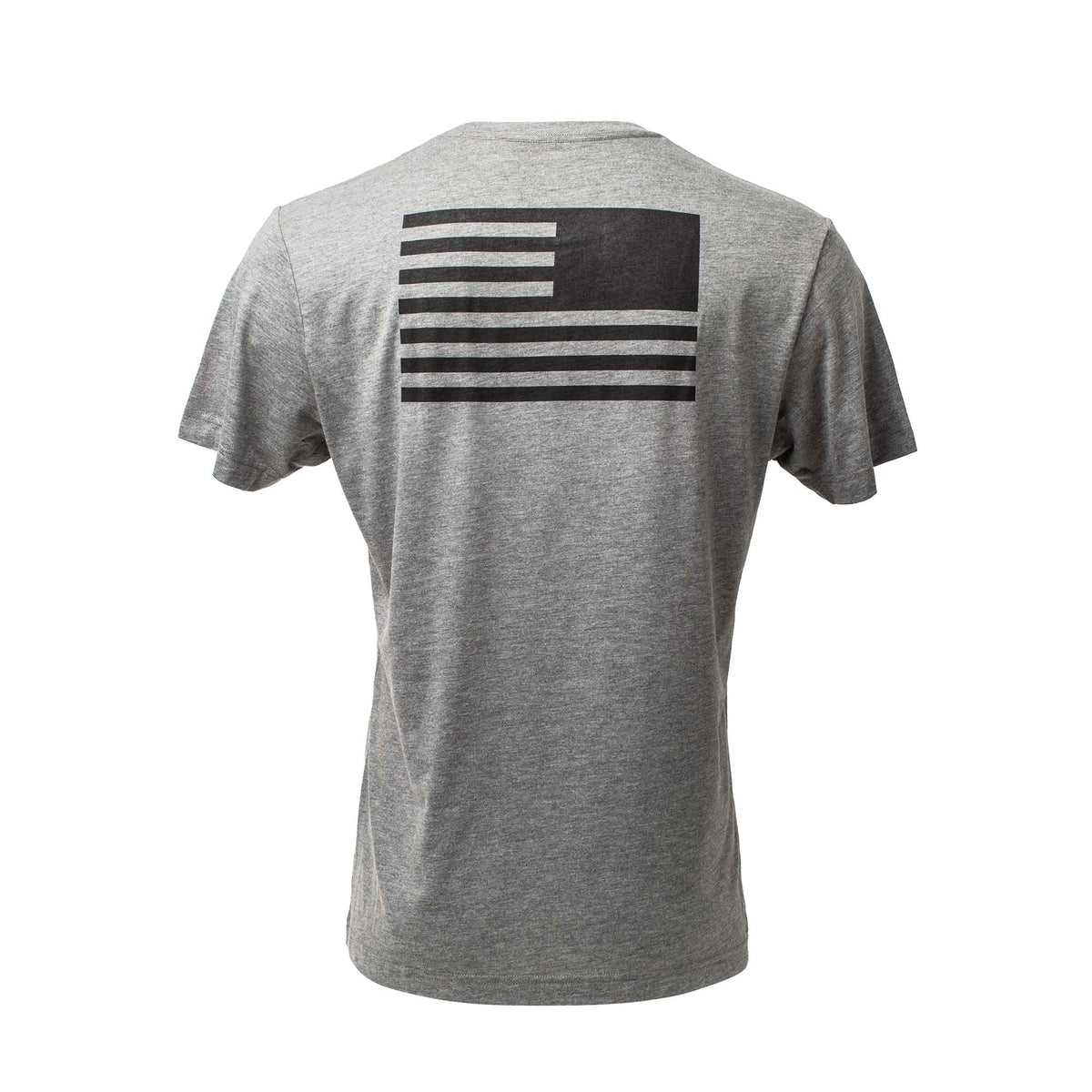 The GORUCK Built in the USA Tee - Tri-BlendX is a gray premium tri-blend shirt with a black and white American flag design on the upper back, ideal for bold, everyday wear.