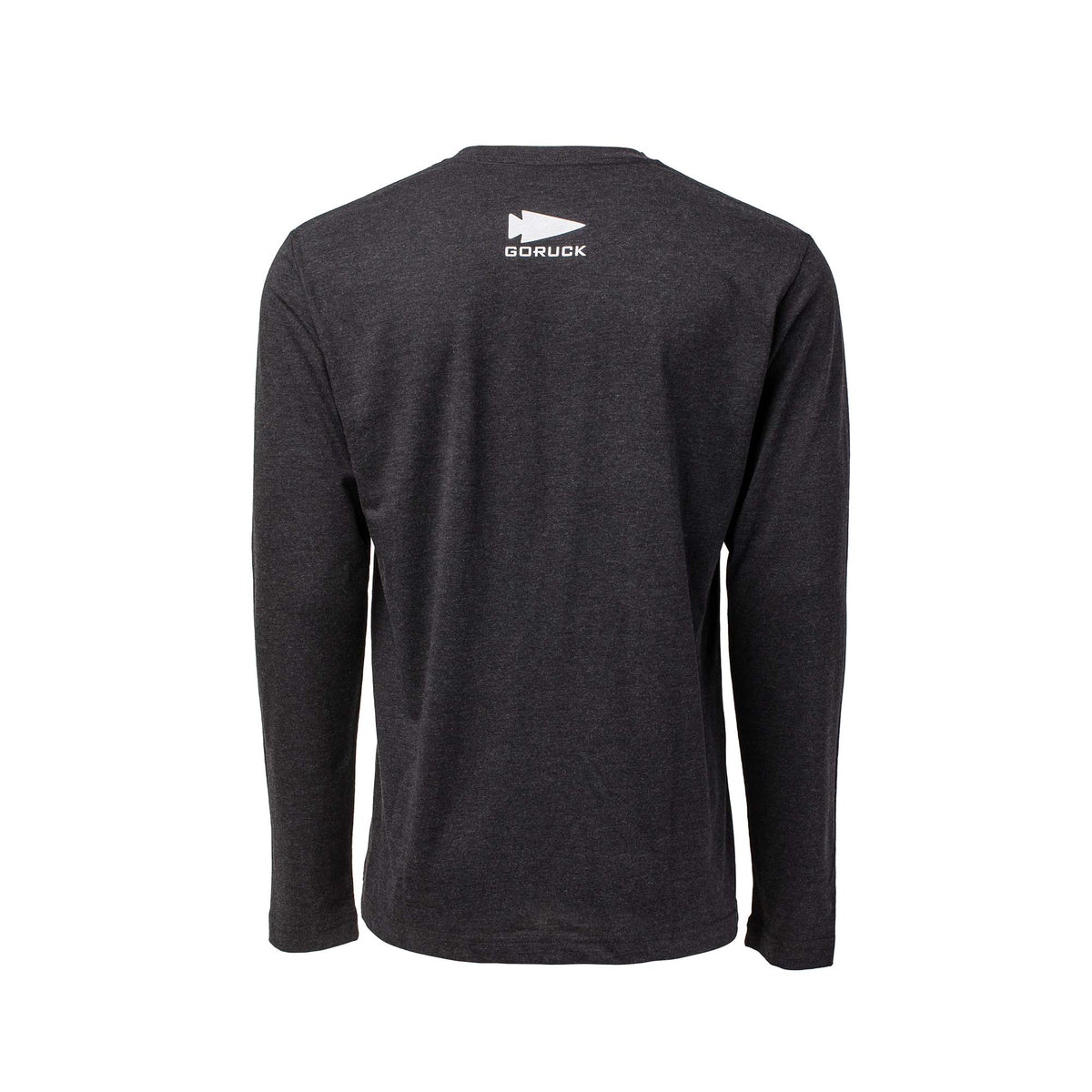 Back view of the Men's America Long Sleeve - Tri-BlendX in dark gray, featuring a small white GORUCK logo near the collar.