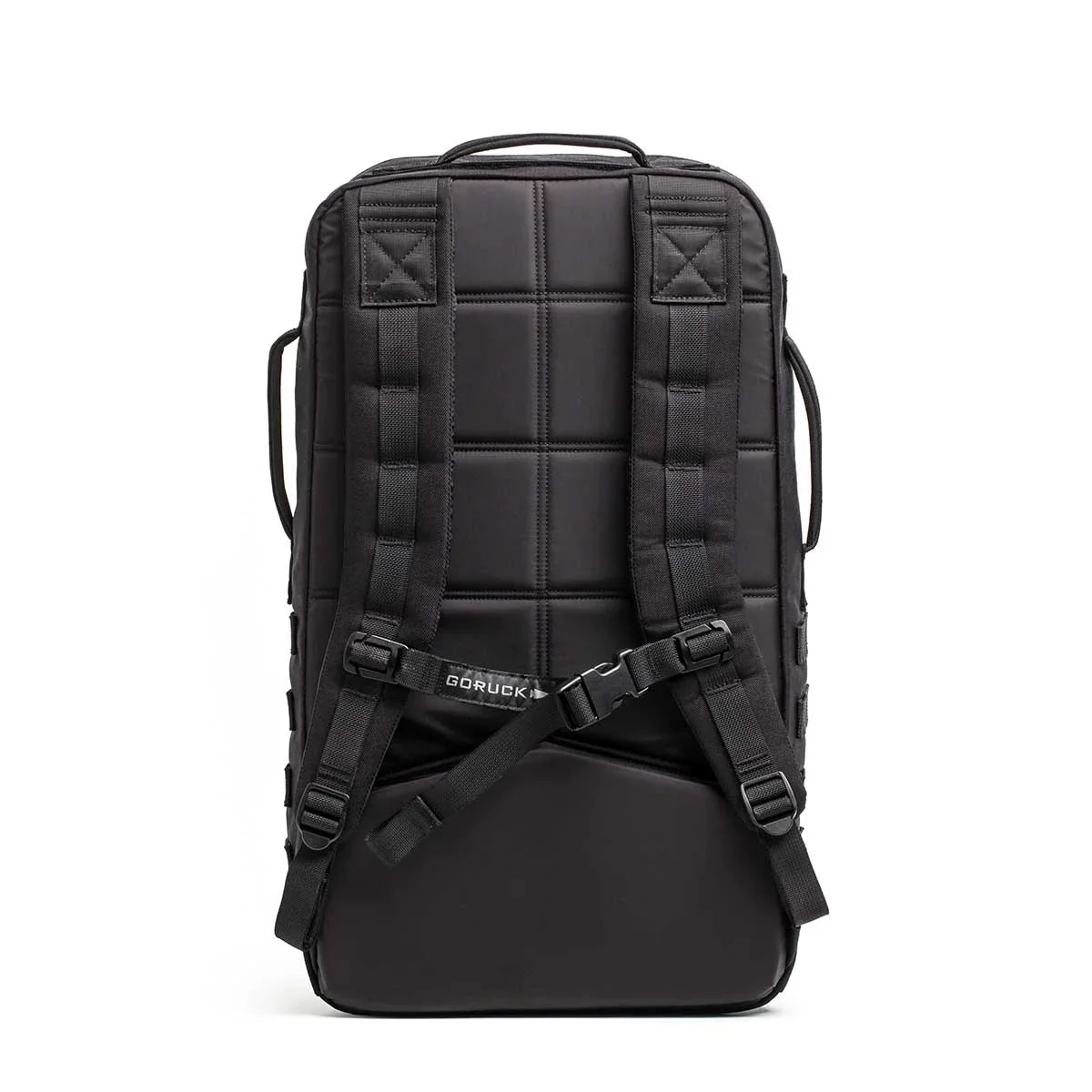 GORUCK Long Range Rucker 4.0 39L black backpack rear view with padded shoulder straps