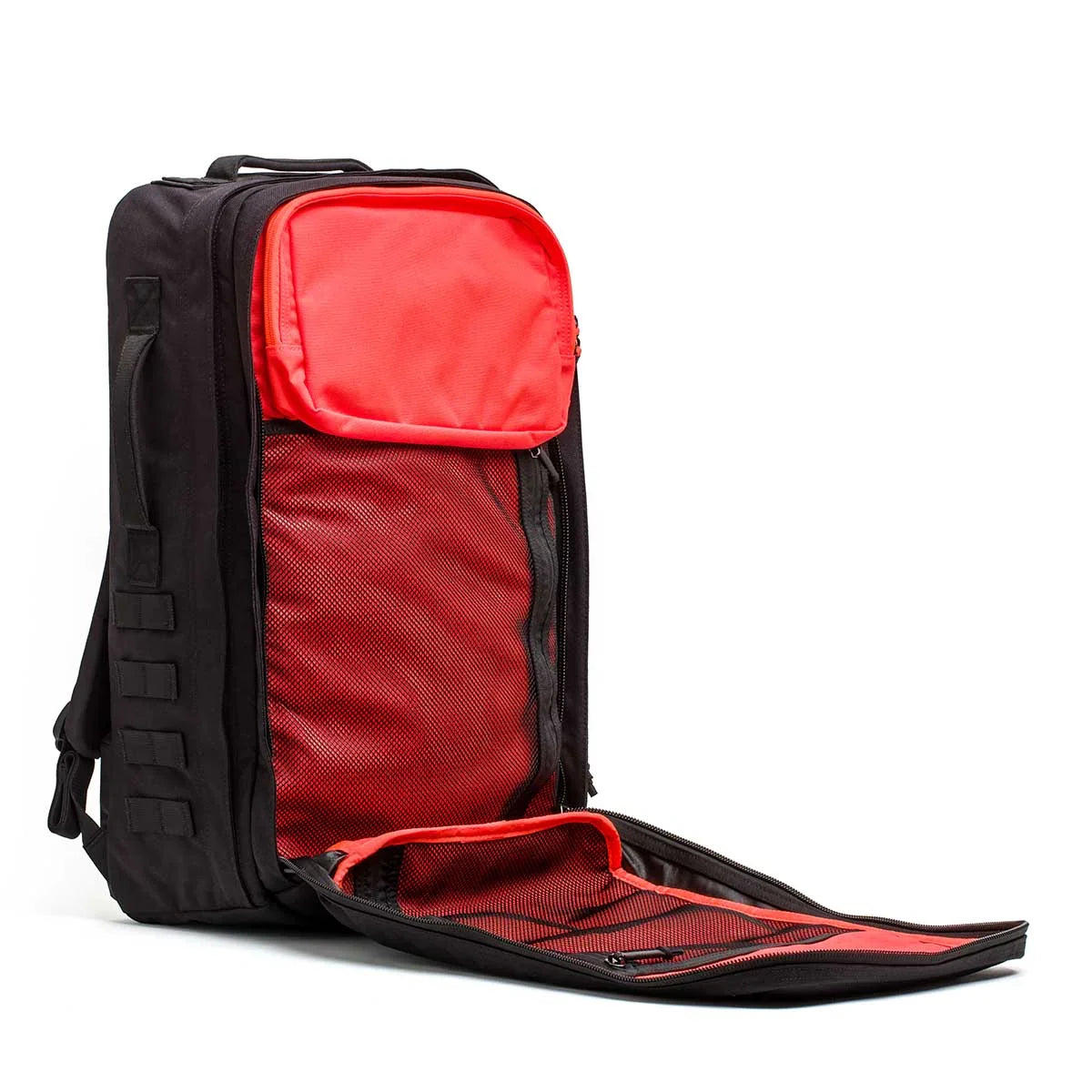 GORUCK Long Range Rucker 4.0 backpack in black with orange interior, open to show compartments
