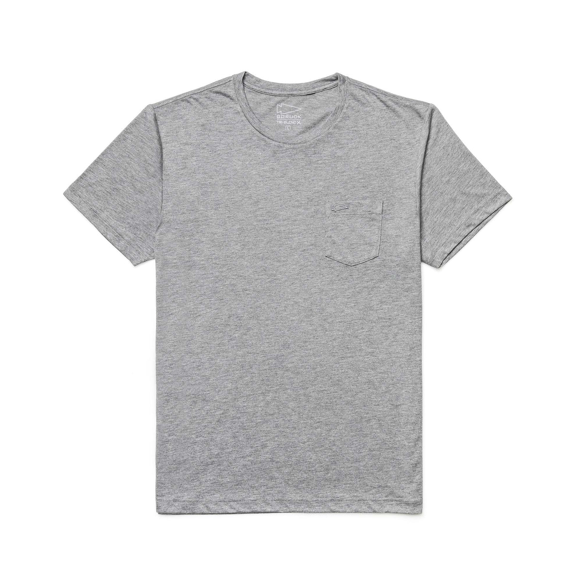GORUCK men's heather grey short sleeve tri-blend t-shirt with chest pocket and spearhead embroidery