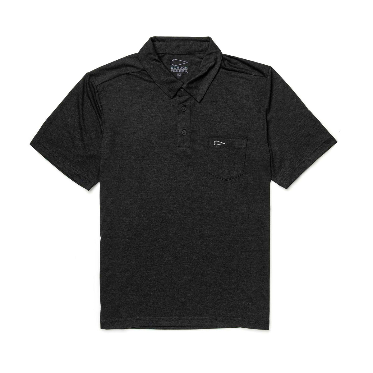 GORUCK men's black triblend polo shirt with chest pocket and spearhead outline embroidery