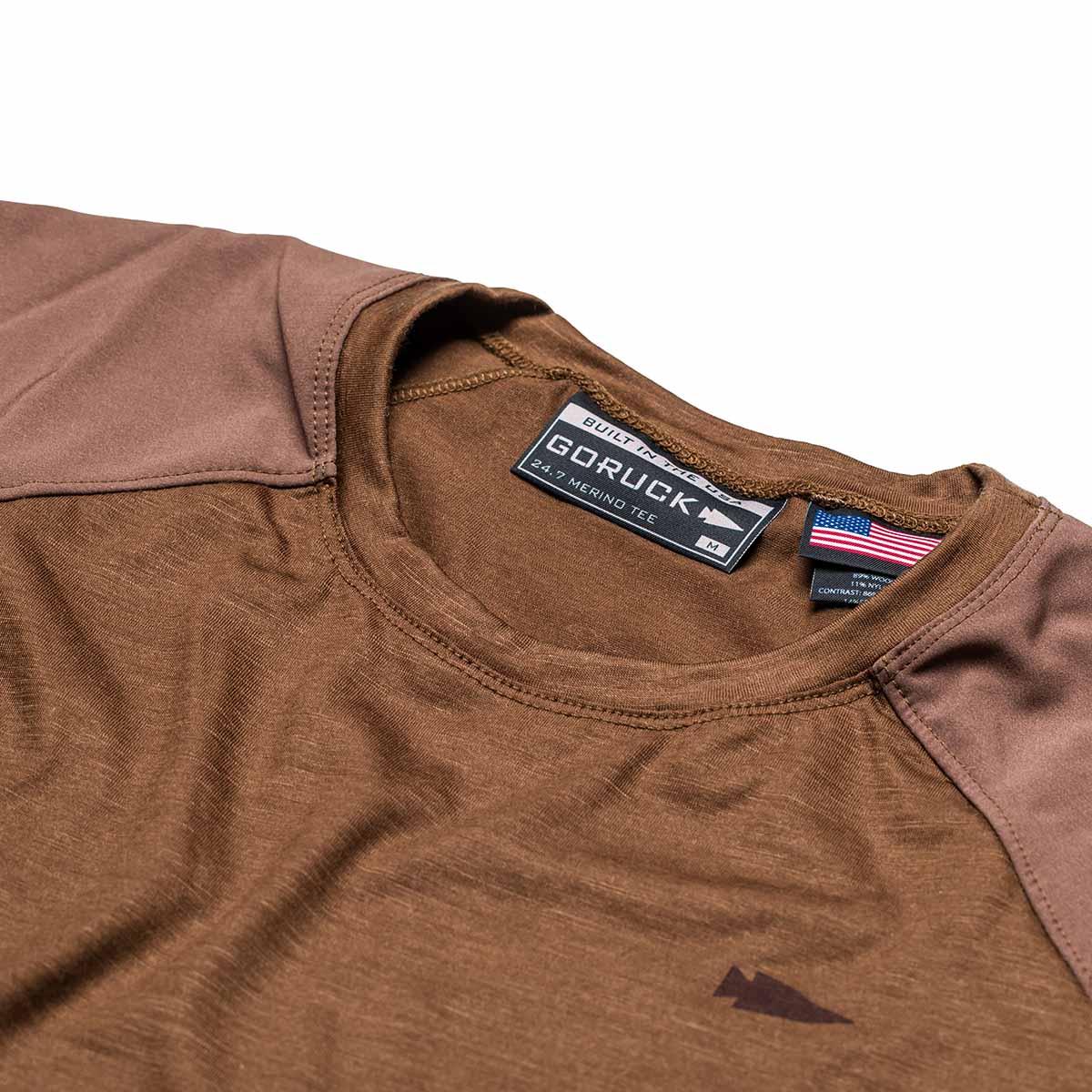 GORUCK brown merino long sleeve shirt with logo tag and USA flag on collar