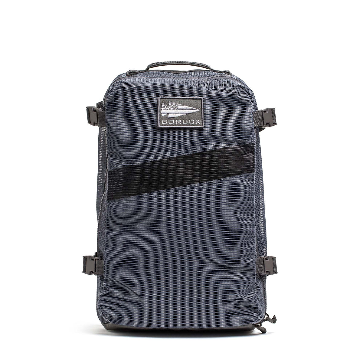 GORUCK Mesh Ruck Armor Grey backpack with patch, front view on white background