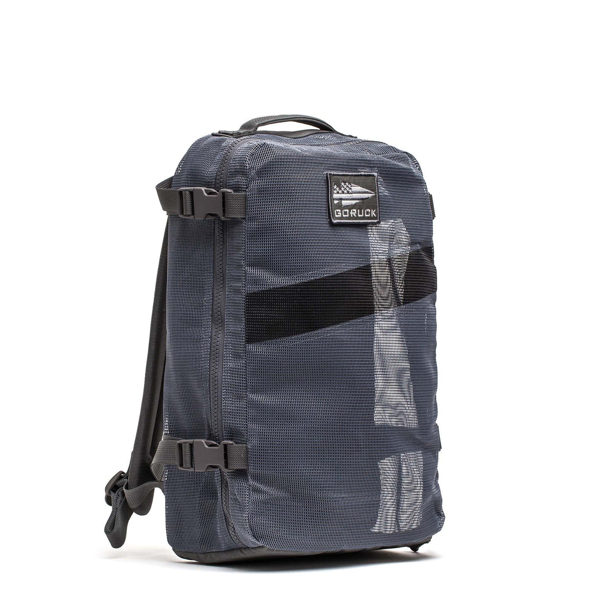 GORUCK Mesh Ruck Armor Grey rugged backpack with side straps and top handle on white background