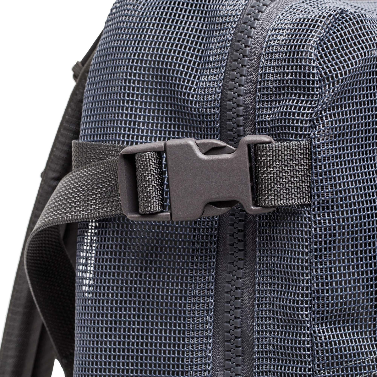 GORUCK mesh rucking backpack in armor grey with close-up of buckle and zipper