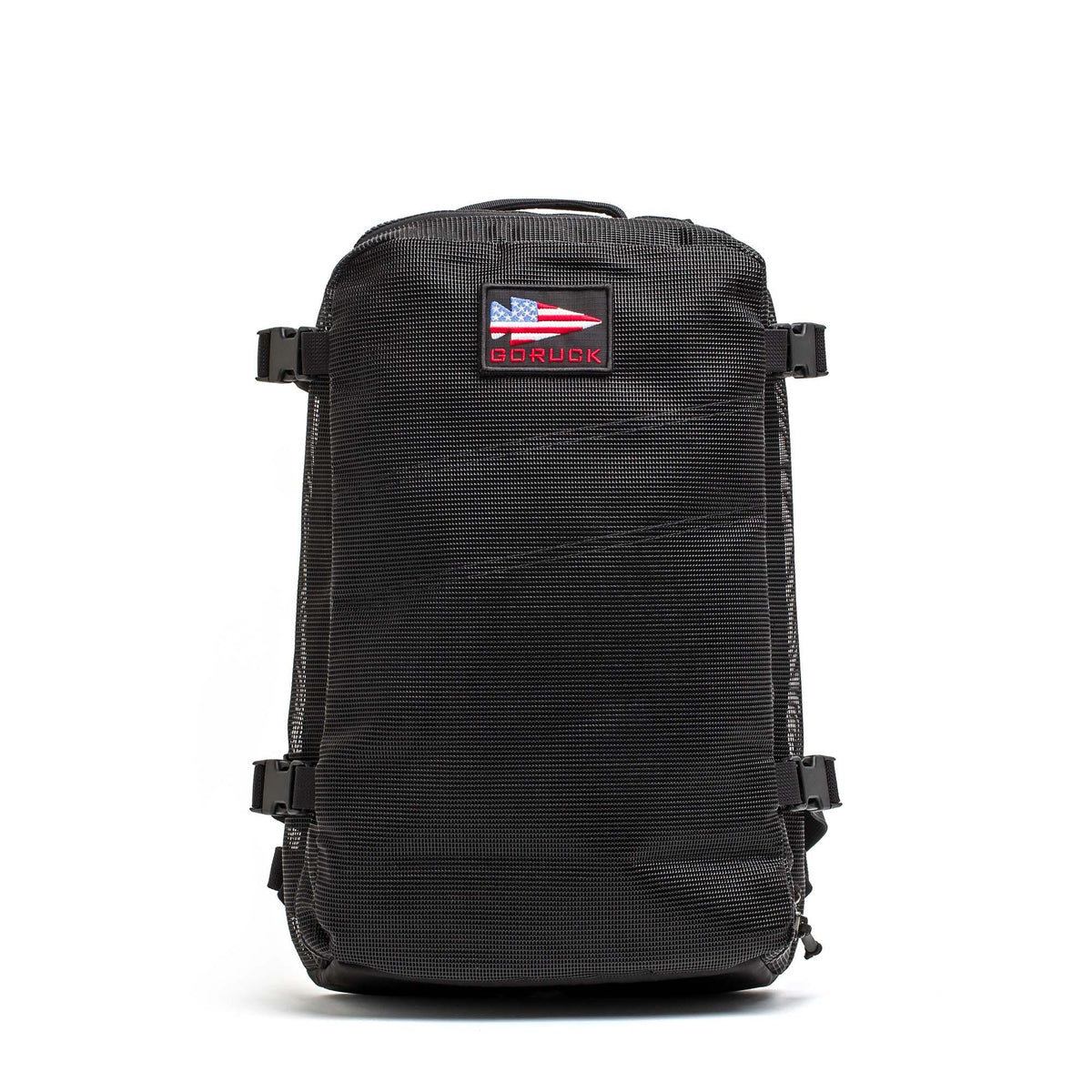GORUCK black mesh rucksack backpack with American flag patch on white background