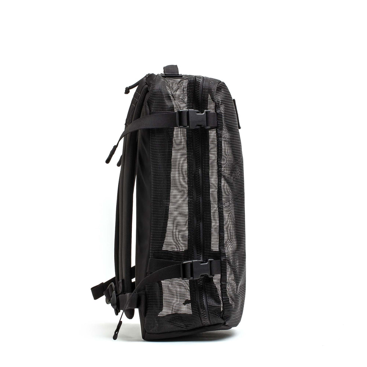 GORUCK black mesh rucking backpack with compression straps, side view on white background