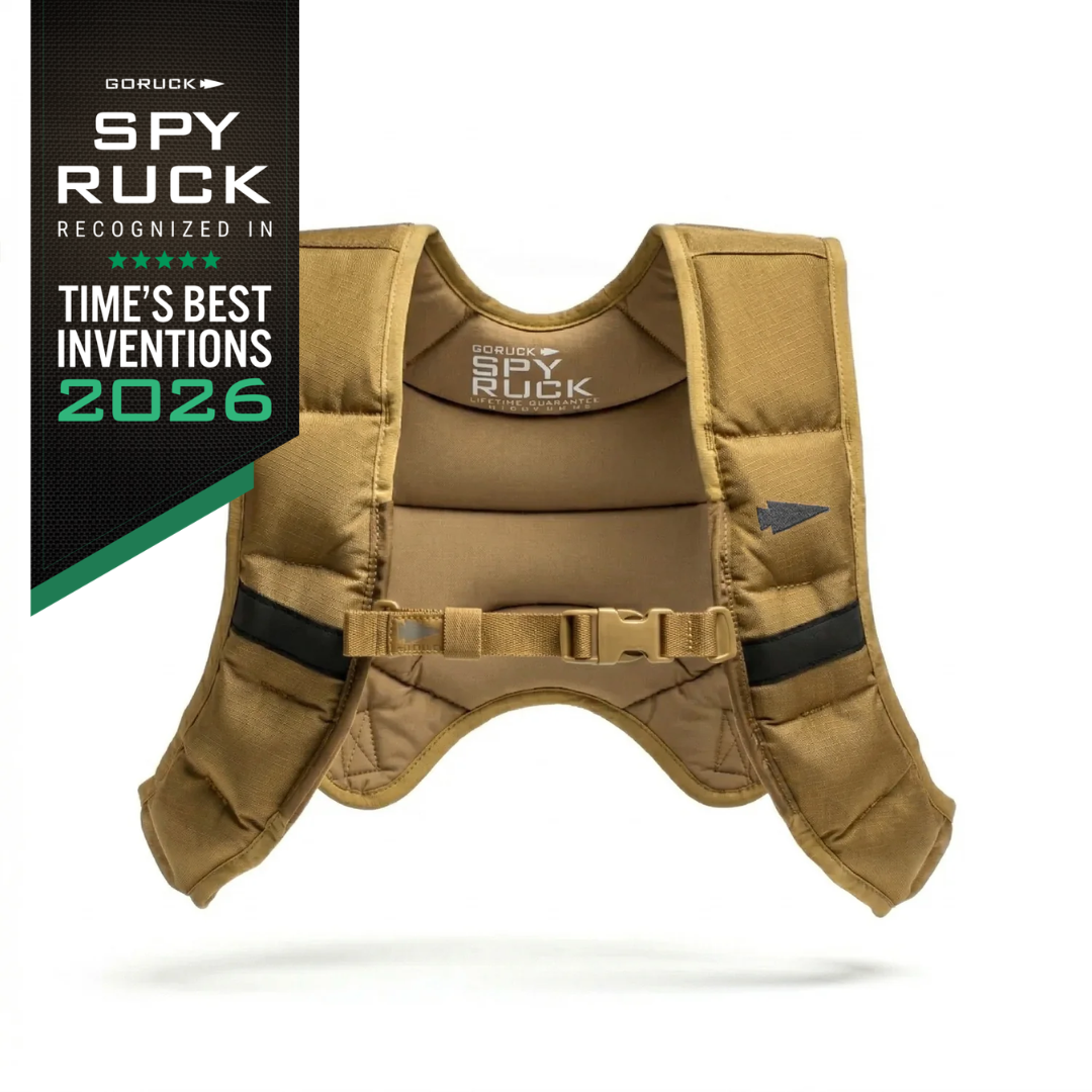 Tan GORUCK Spy Ruck weighted vest for women with a buckle strap, featuring a black banner that labels it one of TIME’s Best Inventions of 2026.