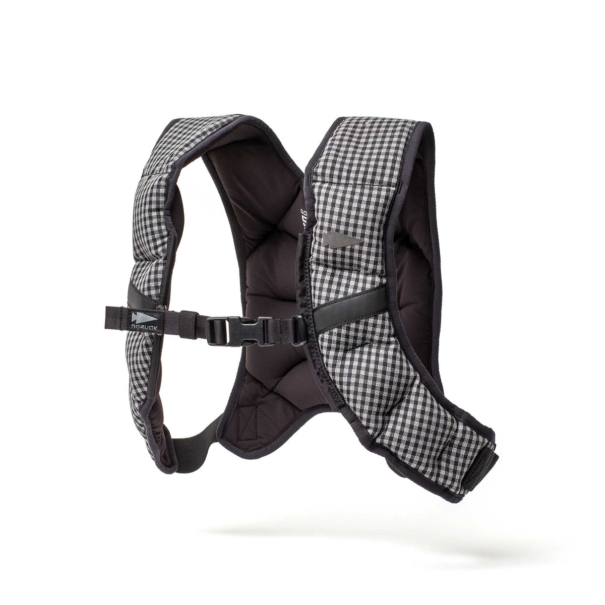 The Spy Ruck | Women's Weighted Vest is a padded, black and white checkered harness with adjustable straps and buckle, ideal for women. Shown on a white background.