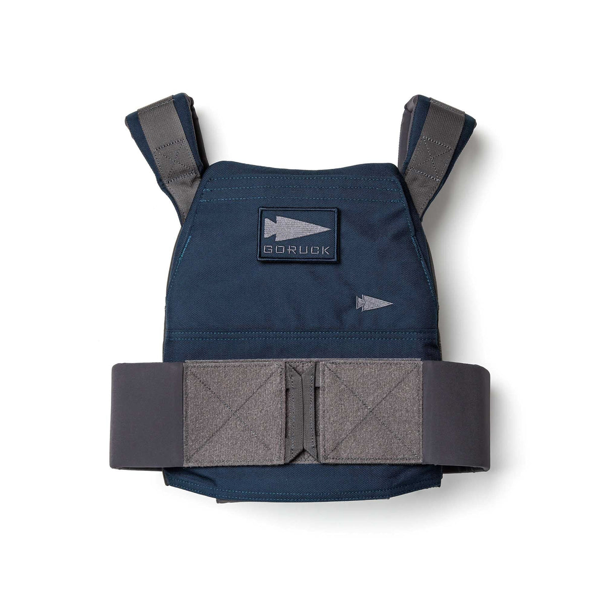 Navy blue rucking weight vest with grey shoulder straps and a grey waist belt featuring a GORUCK logo patch.