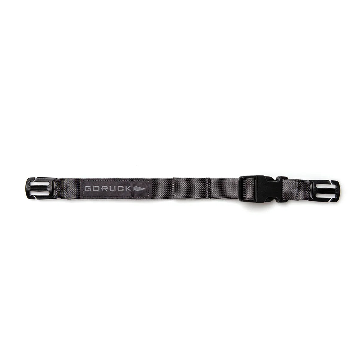 GORUCK Armor Grey sternum strap with buckle for rucking gear, laid flat on white background