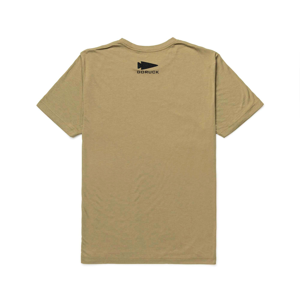 The GORUCK Spearhead Tee - Tri-Blend, shown from the back in khaki, features a black spearhead logo near the collar and is crafted from premium tri-blend fabric.