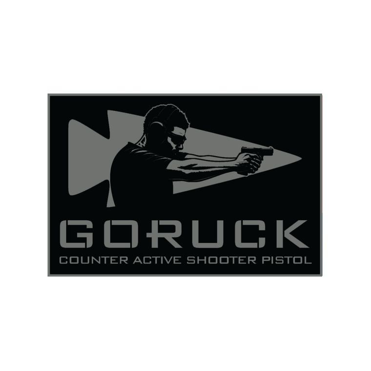 Silhouette of person aiming a pistol with “Capstone Tactical Weekend 2027” text below, highlighting an advanced shooting event during the tactical weekend in Greenville as part of the GORUCK Shooter Capstone.